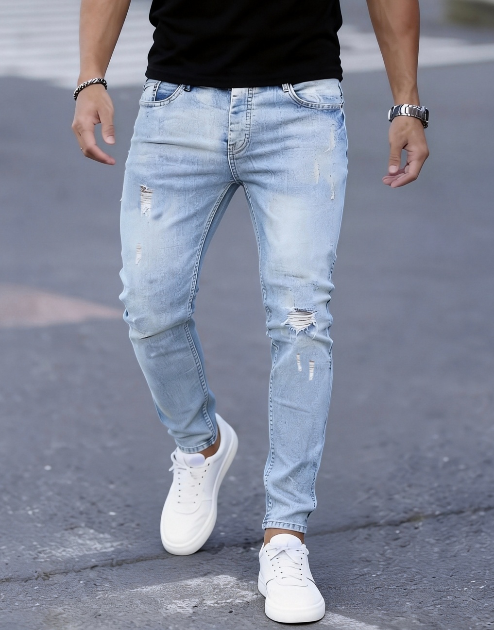 Men'S Fashion Young Professional - جينز رجالي ضيق ممزق ومرن -