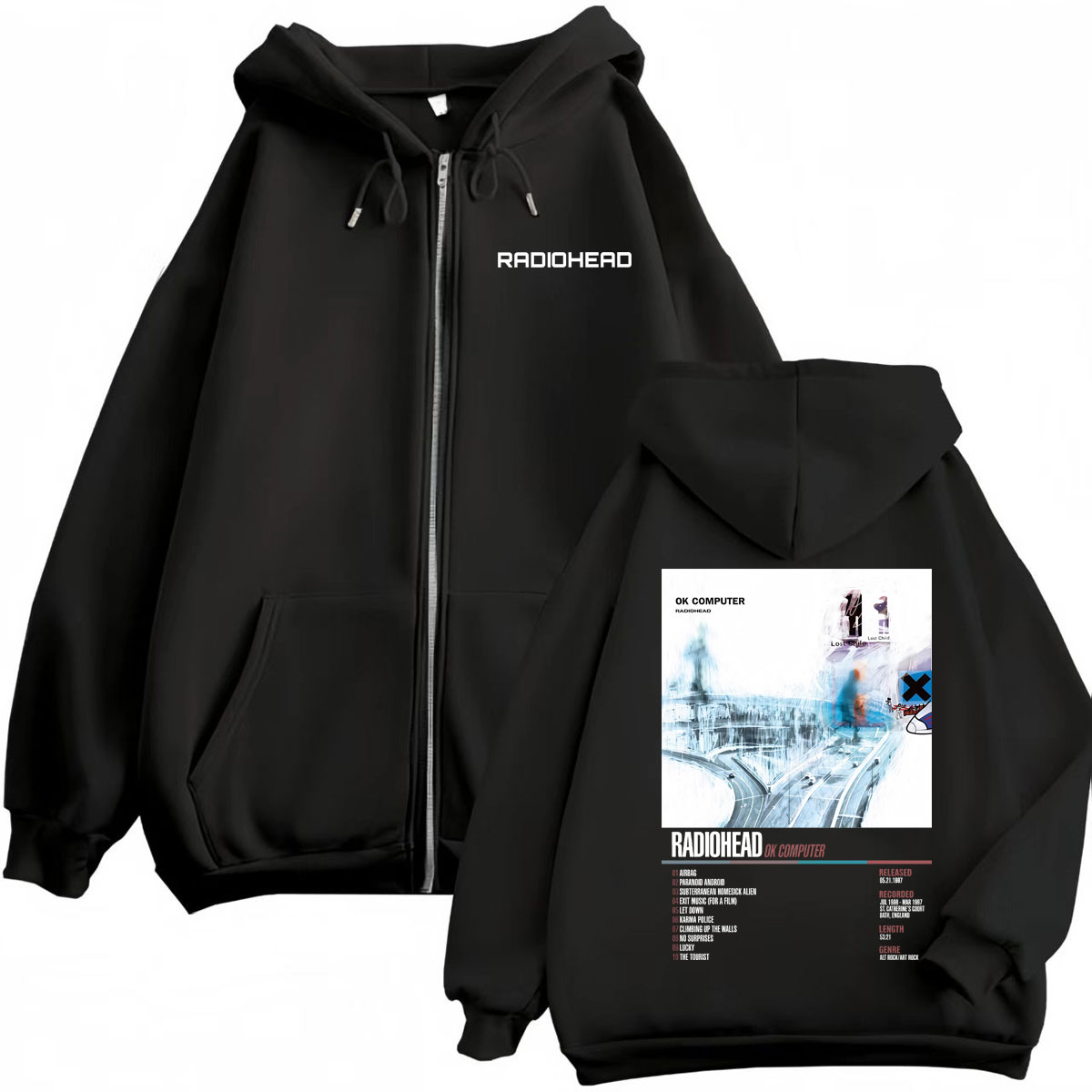 Mens Fashion Zip Up Hoodies - Radiohead ألبوم الموسيقى المشارك الجرافيك قلنسوة